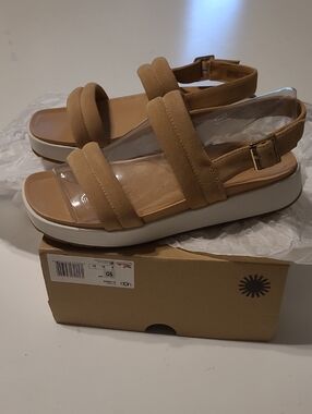 NEW UGG 10 LYNNDEN NEUTRAL TAN WHITE SUEDE LEATHER WEDGE SANDALS 41 NWT